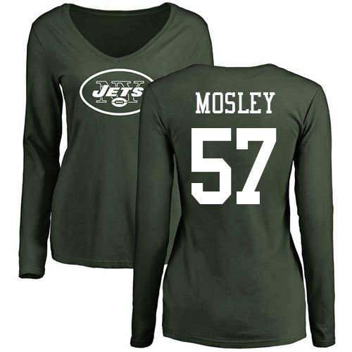 New York Jets Green Women C.J. Mosley Name and Number Logo NFL Football #57 Long Sleeve T Shirt
